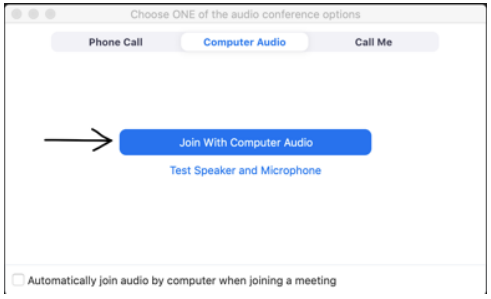 Zoom window showing the Join with Computer Audio button